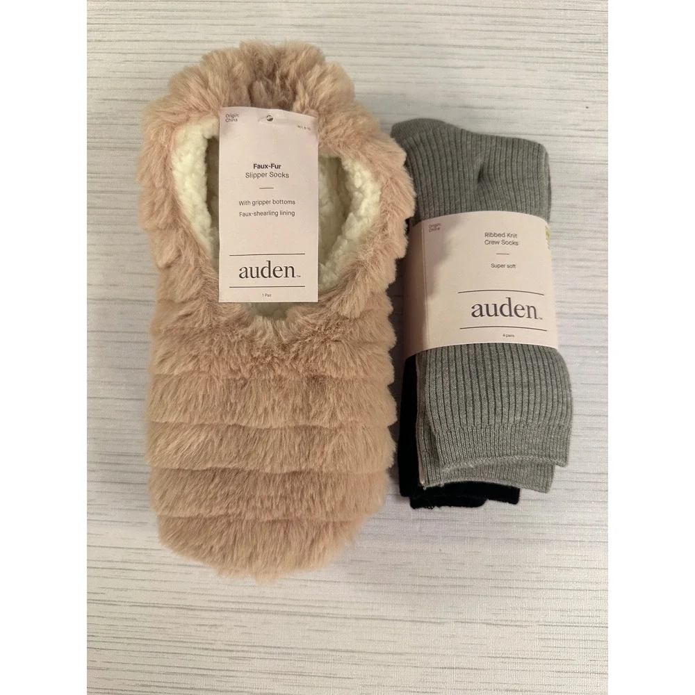 Auden Faux Fur Slipper Socks Pink and 4-Pack Ribbed Knit Crew Socks Grey Black